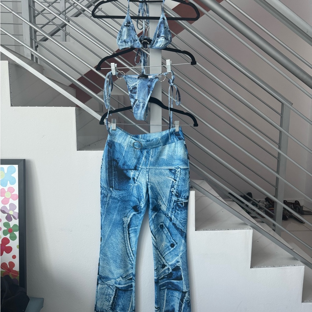 AMY SHEHAB Blue Denim Print Bikini and Pant - Picture 5 of 6